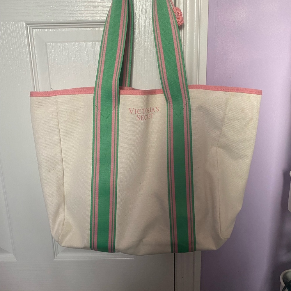 Victoria's Secret Cream Tote with Pink and Green Stripes